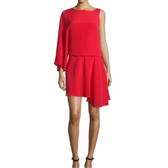 Halston Heritage Asymmetric Faille Blouson Red Asymmetric Dress Silk Size Medium - Picture 1 of 10